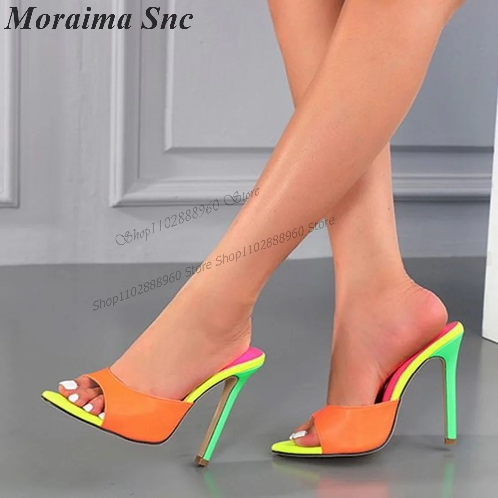 Mixed Sugar Color Matte Leather Slippers Cut Heel Thin High Heel Women Shoes Slip Peep Toe 2023 Fashionable Zapatos Para Mujere