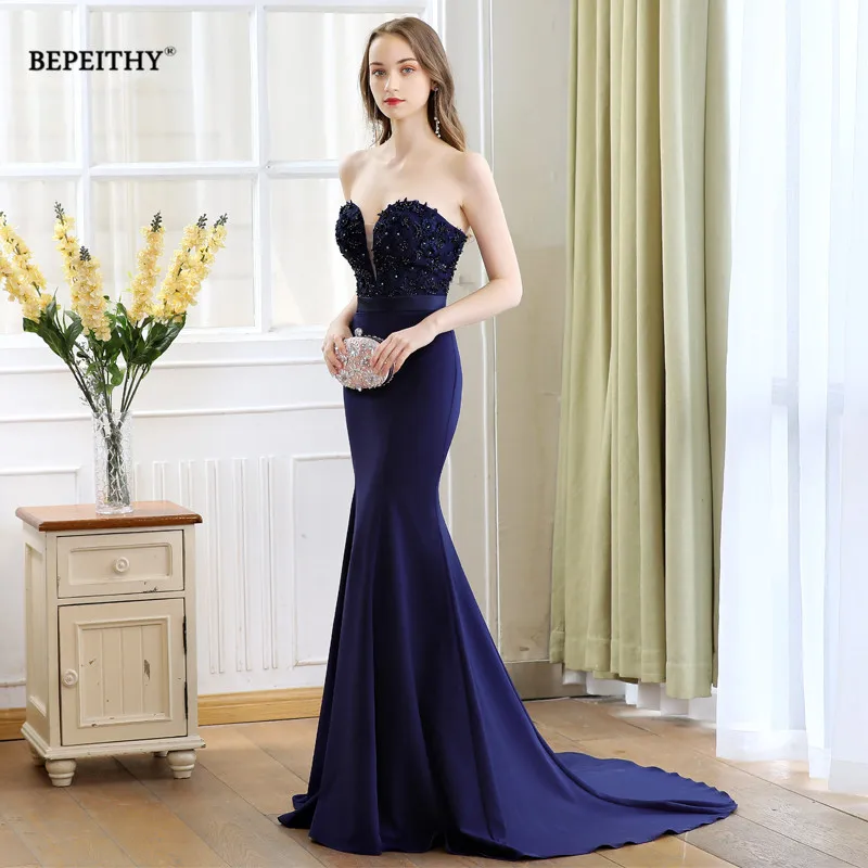 BEPEITHY Customized Strapless Sweetheart Mermaid Vestidos De Fiesta Sweep Train Lace Bodice Evening Dress Elegant Robe De Soiree