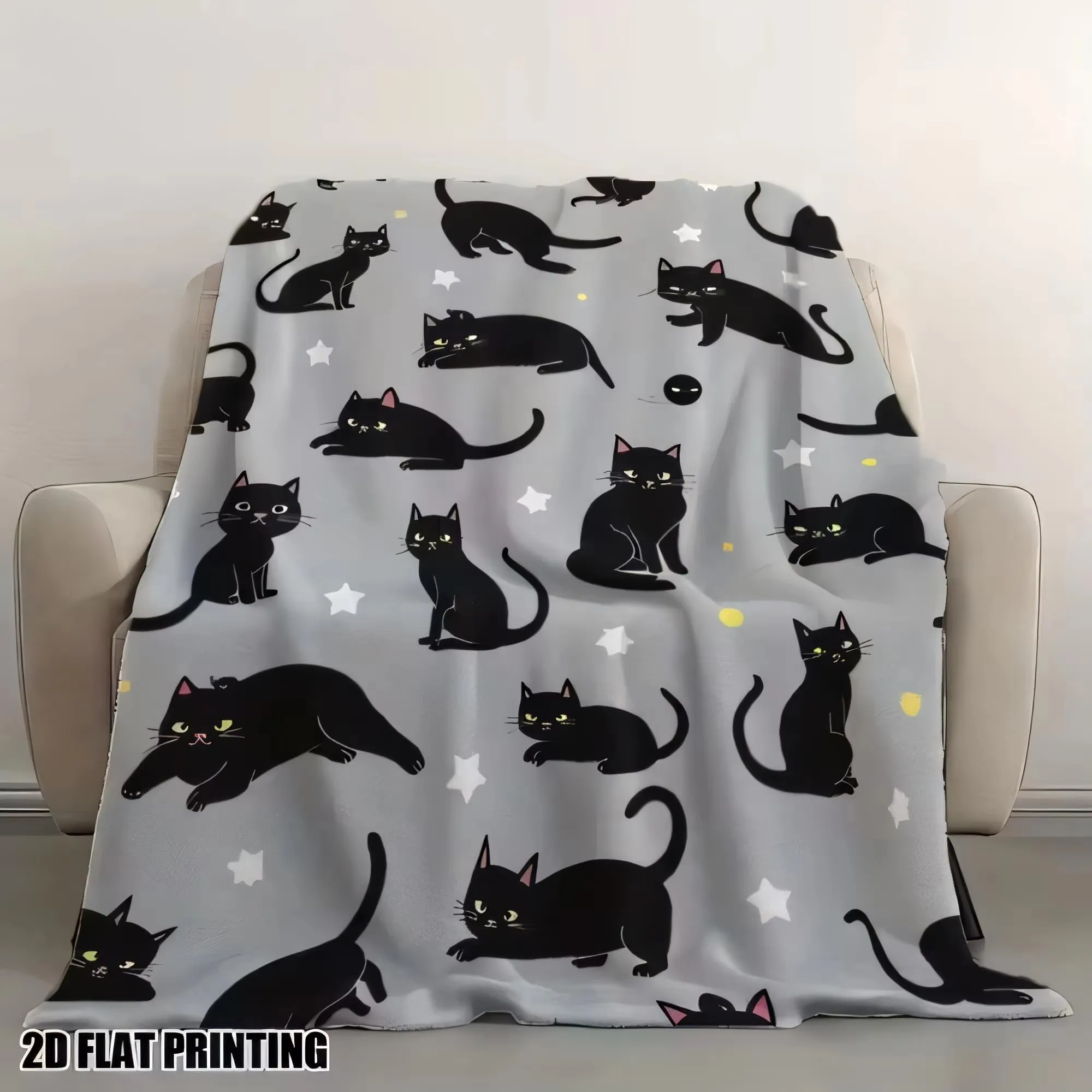 Black Cat Yellow Eyes 2D Flat Print Gray Throw Blanket Soft Cozy Sofa Bed Blanket Cute Home Decor Cat Lover Gift