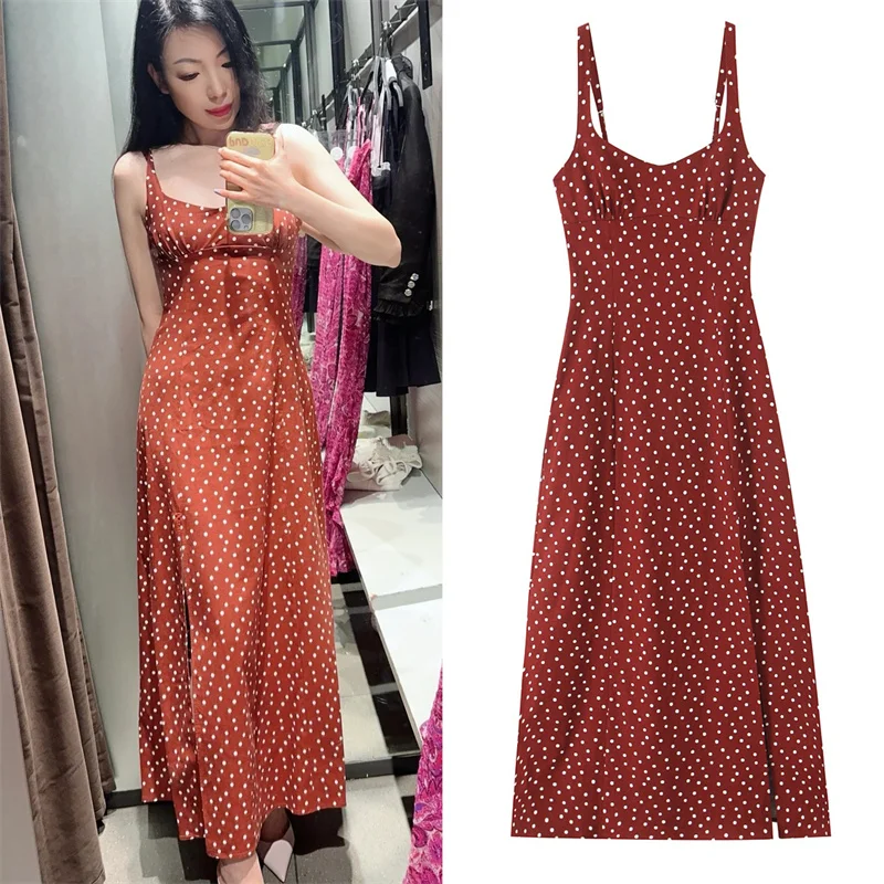 

Платья для девочек-подростков, новинка лета 2025 года, украшенные подтяжками в горошек, платья миди для девочек, модное женственное платье для девочек 14-18 лет