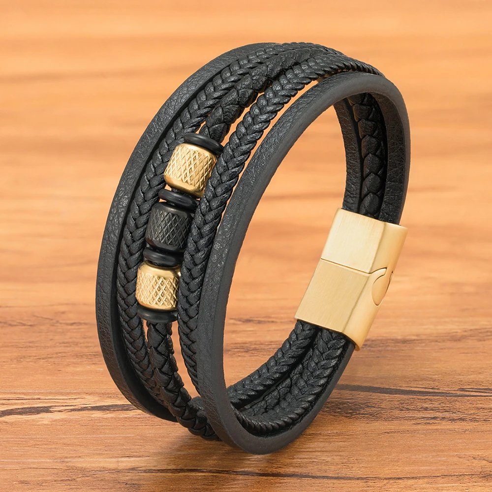 

XQNI Fashion Stainless Steel Bead Charm Bracelet for Men Luxury Magnetic Leather Braided Punk Rock Bracelet Male Bangles Jewelry