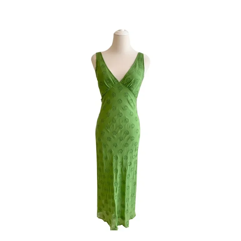 Green Solid Silk Slim Sleeveless Embroidery Midi Dress for Women Fashion