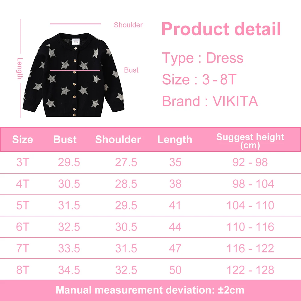 VIKITA Kleinkinder-Strickjacken mit silbernen Stern, Kinder, Rundhalsausschnitt, Knopfleiste, glitzernd, lässig, täglich, Schule, Straße, coole schwarze Pullover-Outfits – Detail 1
