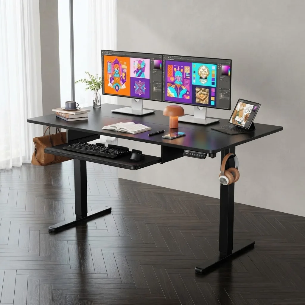Electric Standing Desk with Keyboard Tray, 55x28 Inches Adjustable Height Sit Stand Up Desk, Home Office Desk Computer Workstation