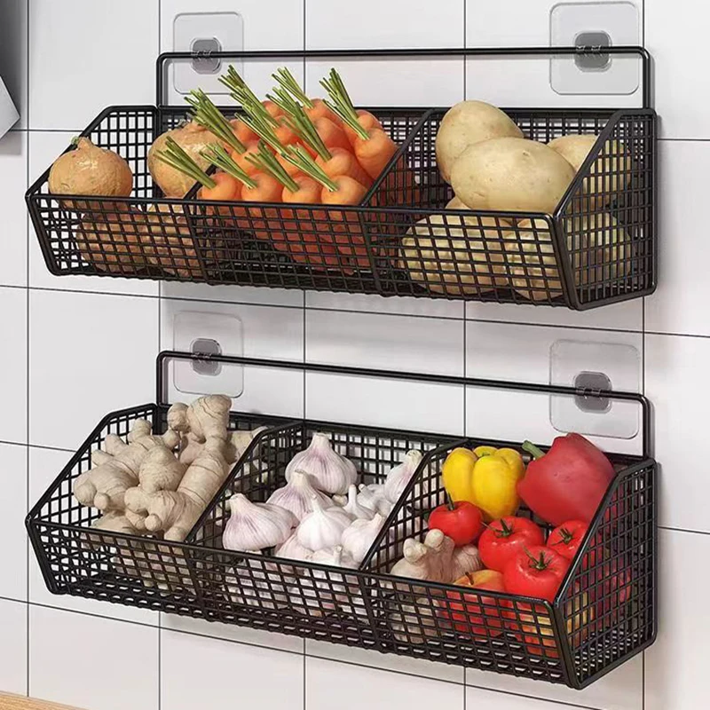 Kitchen Wall Mounted Storage Rack Onion Ginger Garlic Condiments Spice Shelf Wall Punch-Free Vegetable Fruit Drain Basket