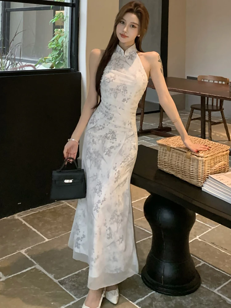 Summer White Print Mesh Neck-mounted Long Dress Women Elegant Luxury Cheongsam Dress 2025 Korean Fashion Bodycon Evening Dresses
