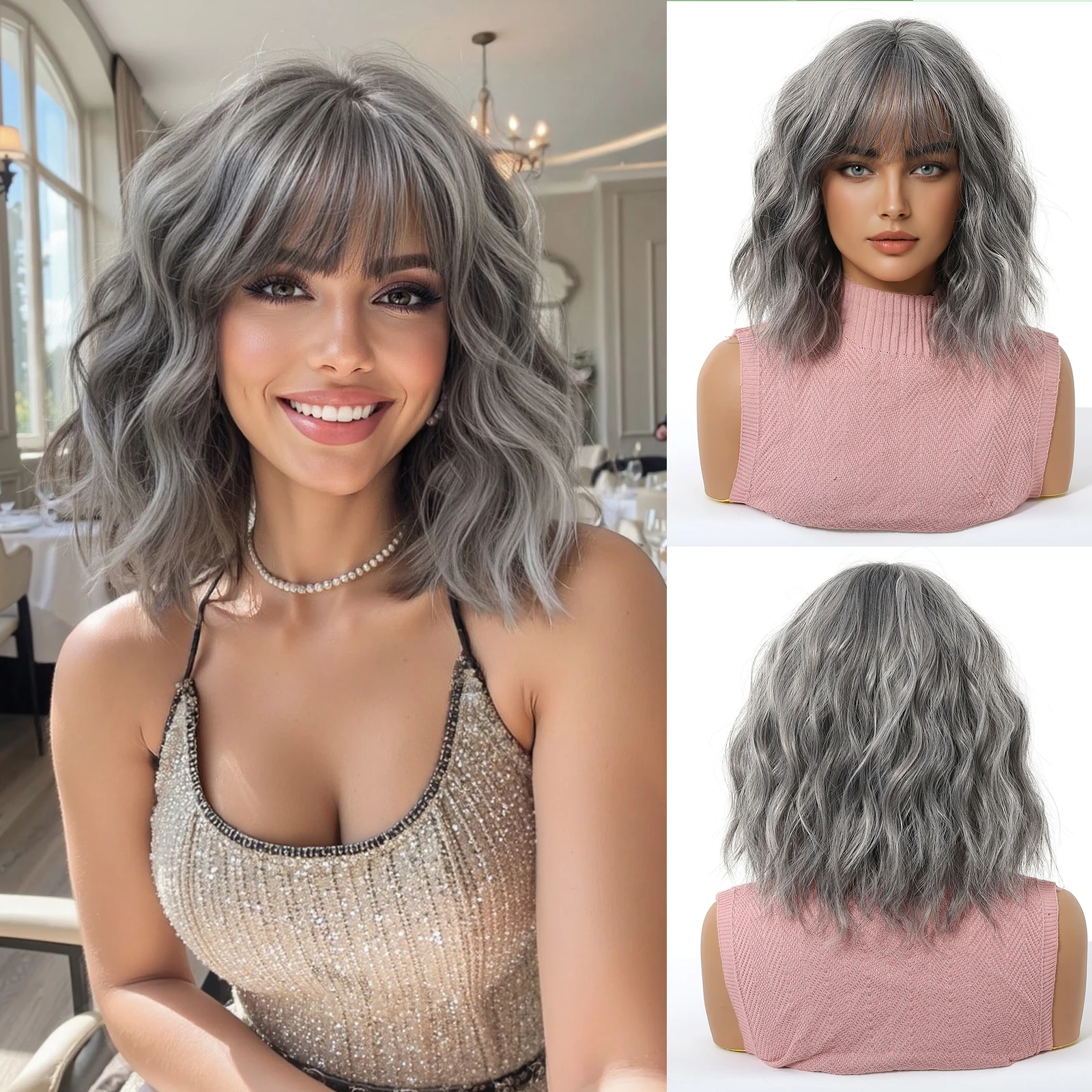 

Серый синтетический натуральный парик Ombre, короткий боб, натуральный парик с челкой для женщин, вечерние, повседневные, косплей, термостойкое волокно