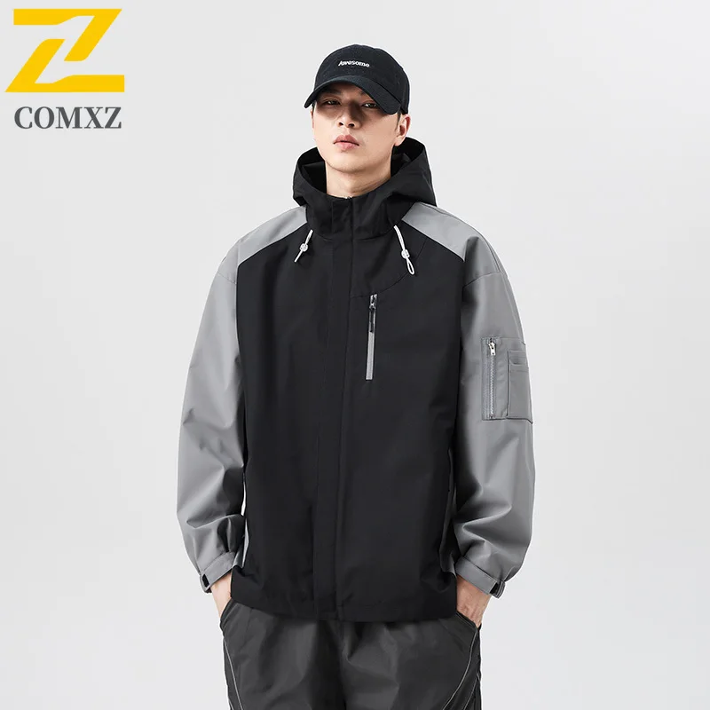 Windbreakers Men's 2025 New Hiking Waterproof  Hooded Zipper Coat Male Autumn Cargo Splicing Camping Loose Thin Softshell Jacket