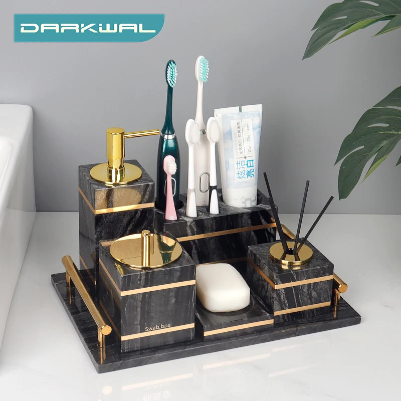 Tree Black Natural Marble Bathroom Set Gold Luxury Soap Dispenser Cotton Swabs Container Tissue Box Bathroom Accessories