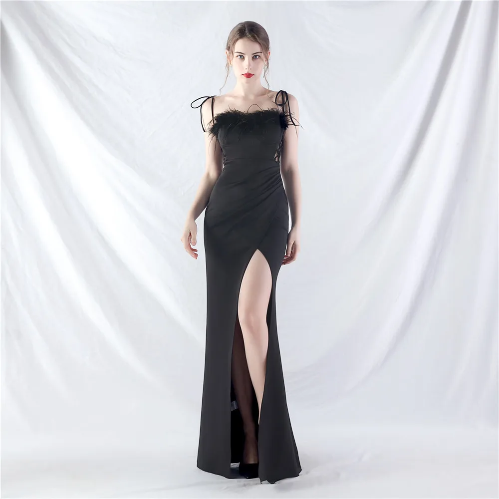 Vestido de noite longo preto formal feminino, sem alças, divisão alta, penas, sem encosto, charmoso, vestidos de festa de formatura, Dropshipping, Novo, 2024