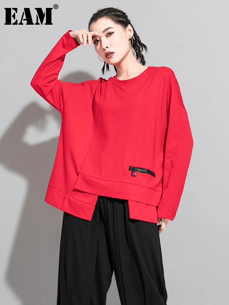 

[EAM] Women Red Irregular Split Joint Big Size T-shirt New Round Neck Long Sleeve Fashion Tide Spring Autumn 2024 1DA605