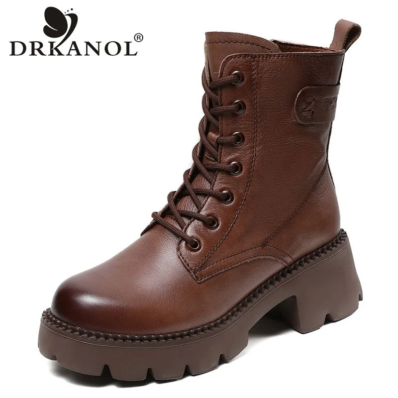 

DRKANOL 2026 Luxury Genuine Leather Mid-Calf Boots Women Thick High Heel Chunky Platform British Style Plush Warm Cotton Boots