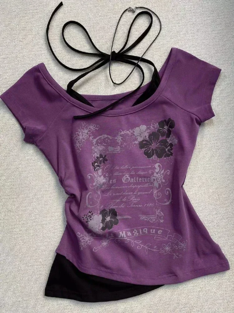 여름 레트로 퍼플 홀터 가짜 투피스 프린트 티셔츠 여성 Y2K streetwear 핫 소녀 슬림 피트 하라주쿠 패션 캐주얼 탑 New
