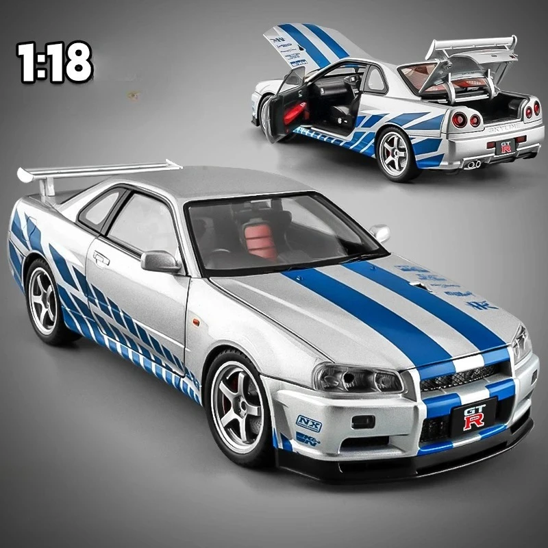

Большая коллекционная модель автомобиля Nissan GT-R R34 Skyline в масштабе 1:18 из сплава, литая под давлением, для мальчиков, гоночная машинка, подарок, хобби