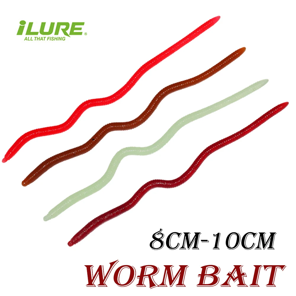 ILURE Soft Lure 8-10cm Silicone Simulation Earthworm Fluorescen Red Worms Artificial Fishing Bait Fishy Shrimp Additive Bass