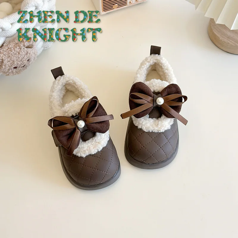 

2025 Winter Fleece-Lined Kids Shoes Girls Bowknot Soft-Sole Low-Top Shoes Warm Cotton Plush Footwear