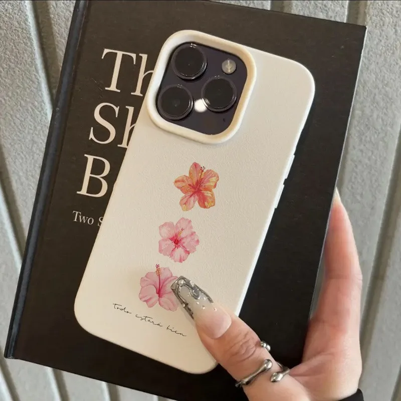 

Hibiscus Flower Pattern Lychee Texture Silicone Phone Case For iPhone 11 12 13 14 15 16 17 Pro Max 14 Plus 17 Air 13 Soft Cover