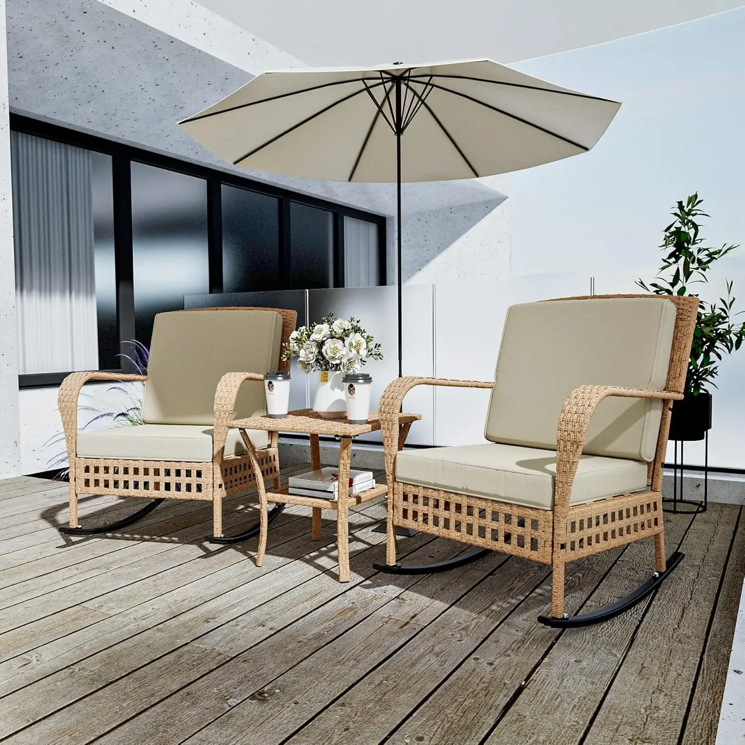Outdoor Furniture Bistro Set,3 Piece Patio Rattan Rocking Chairs, Patio Conversation Set with Side Table and Thick Cushions