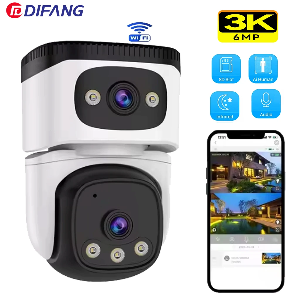 3K WiFI IP Camera Smart Home 6MP Baby Monitor Dual Screen CCTV Ai Tracking Surveillance Video Camera Security Protection