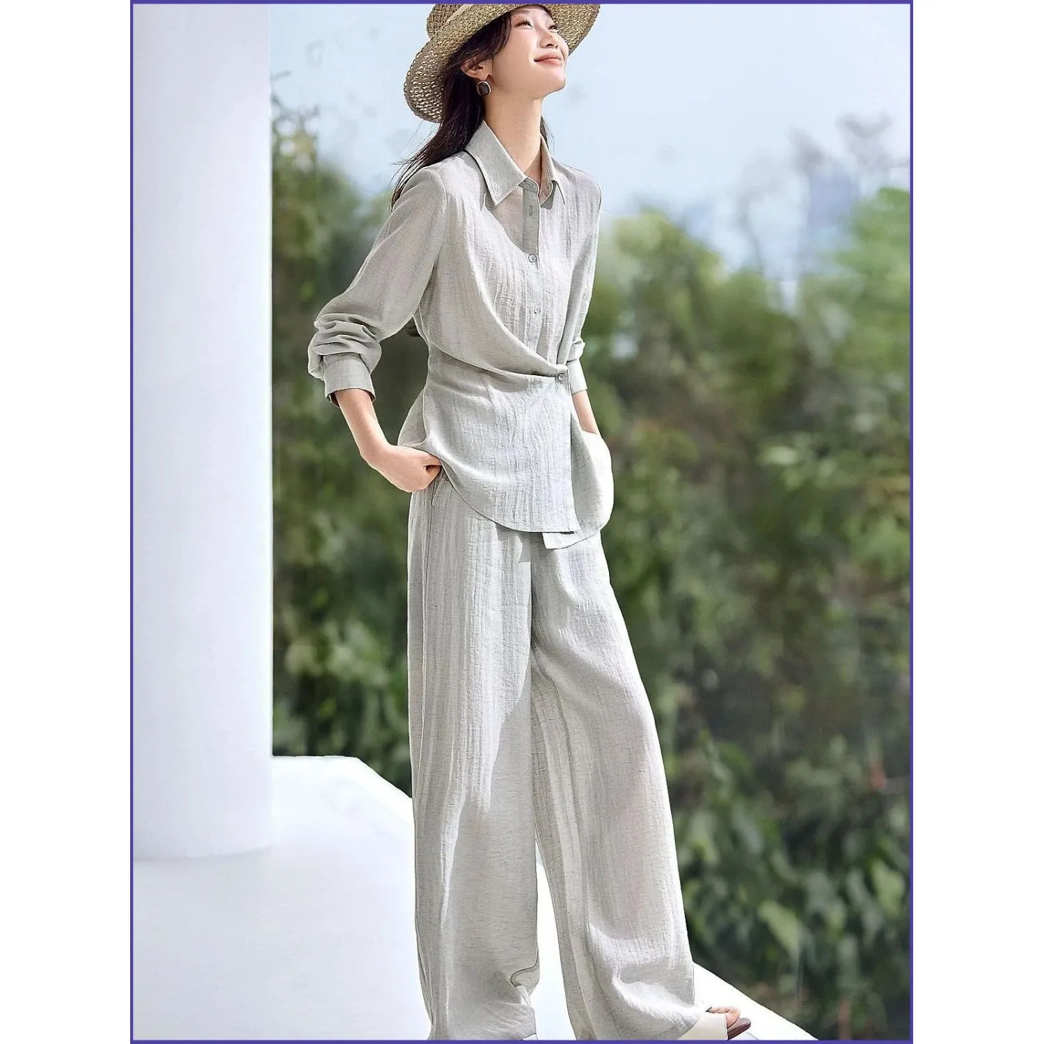 Fashion Long Sleeve Cardigan Shits+ Pants Two-piece Set Spring Autumn Thin Cotton Linen Blouse Tops Pants Suits Women Outfits