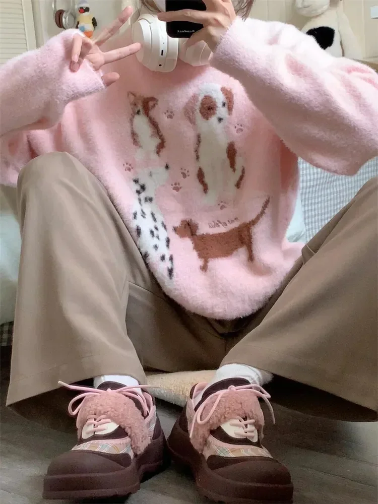 

Pullovers Women Sweet Lovely Fluffy Jacquard Knitted Sweaters Autumn Winter All-match Tops Pink O-neck Casual Daily Loose Korean