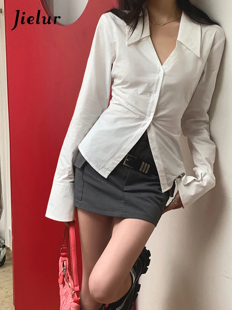 Jielur Spring Summer New Sexy Slim Women Shirt Solid Color Casual Fashion Loose Shirt Female White Basic Simple Shirt Woman