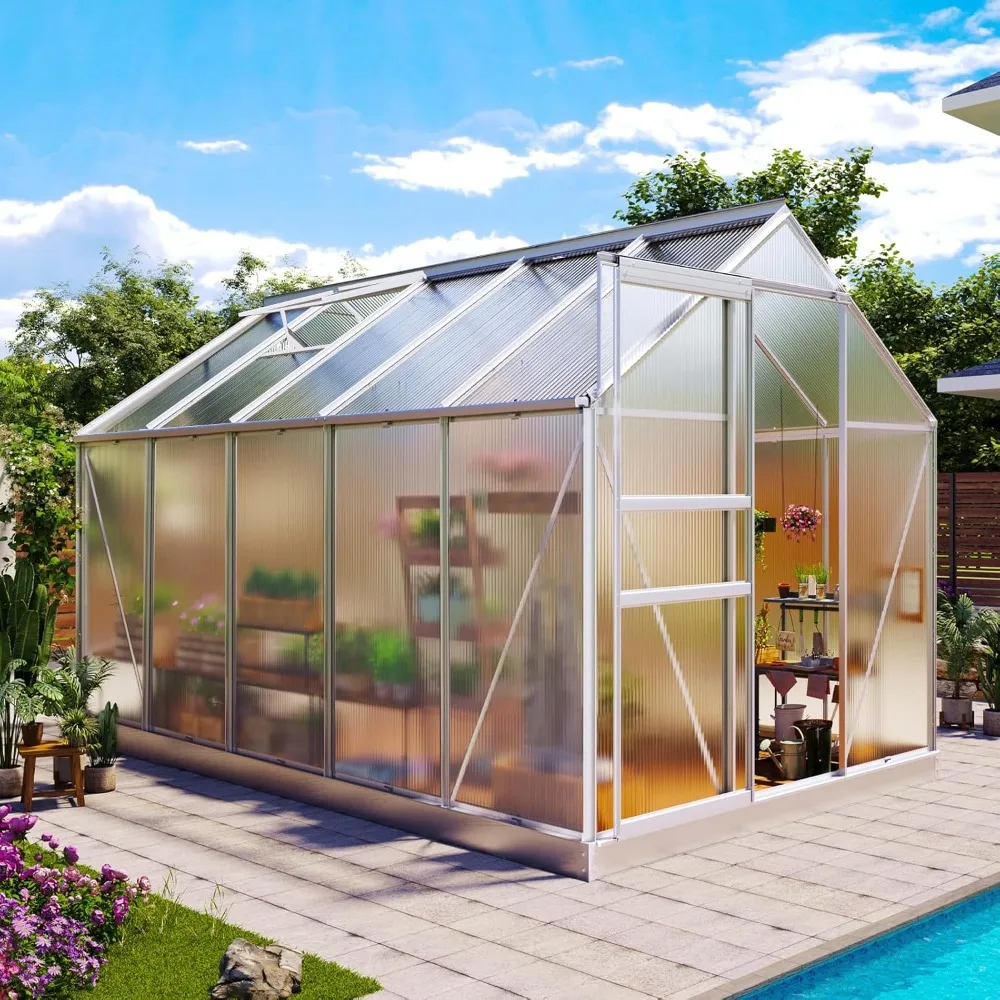 

10x6 Ft Polycarbonate Greenhouse, Heavy-duty Walk-in Aluminum Outdoor Greenhouse with Ventilation Windows