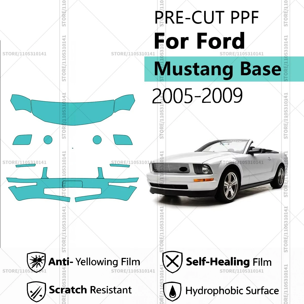 

Предварительно нарезанная защитная пленка PPF, прозрачная автомобильная пленка, профессиональная автомобильная пленка PPF для Ford Mustang Base 2005-2009, передний комплект