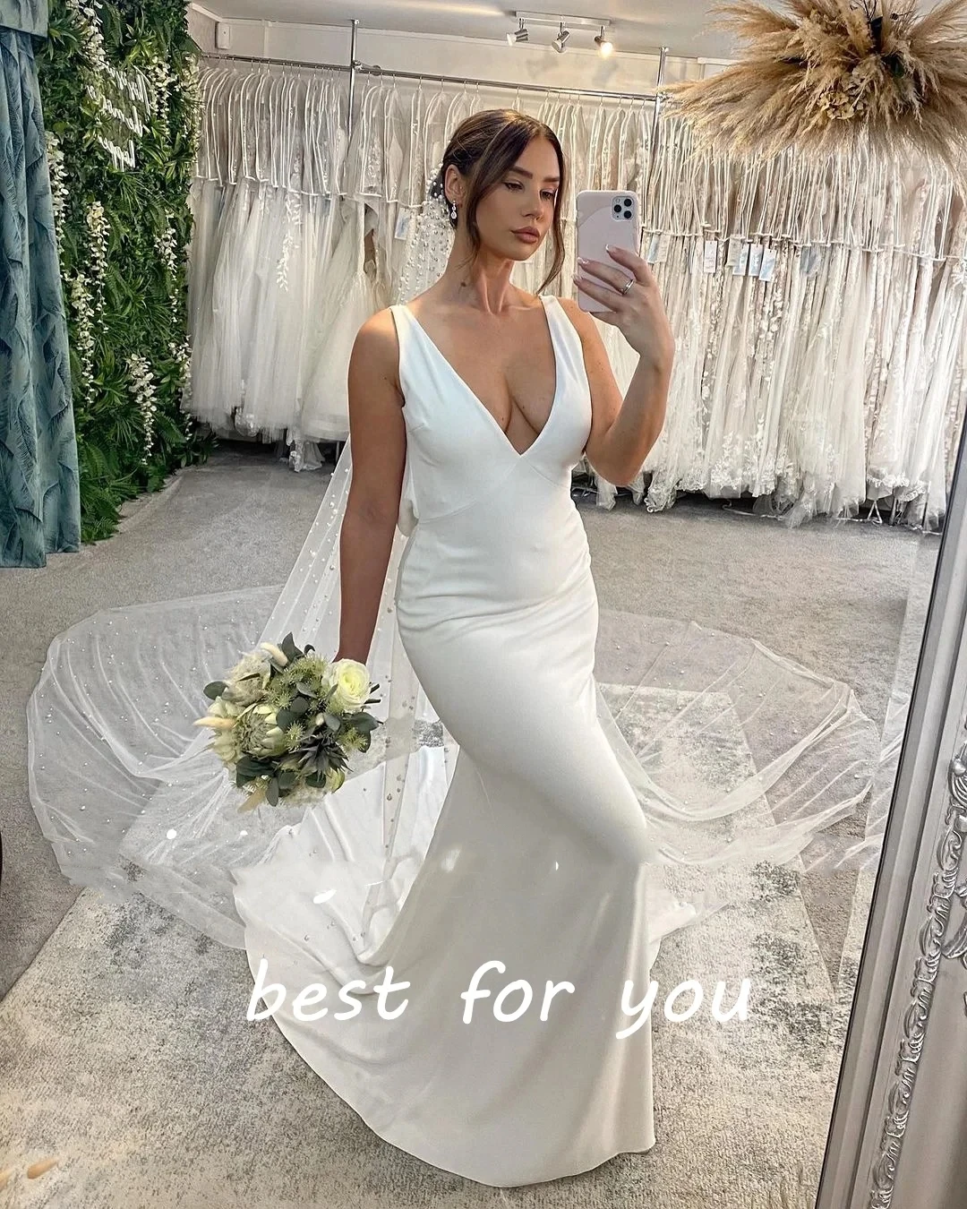 Vestido de novia de cuello cuadrado para mujer, mangas completas, vestidos de novia simples, vestido de novia elegante de sirena dividido, personalizado a medida