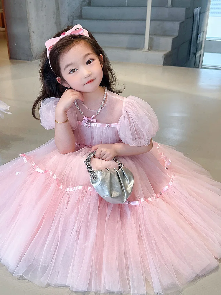 2024South Korea Children\'s Clothing Girls\' Pink Dress Summer Western Style Children\'s Senior Year-Old Performance Dress Mesh Now