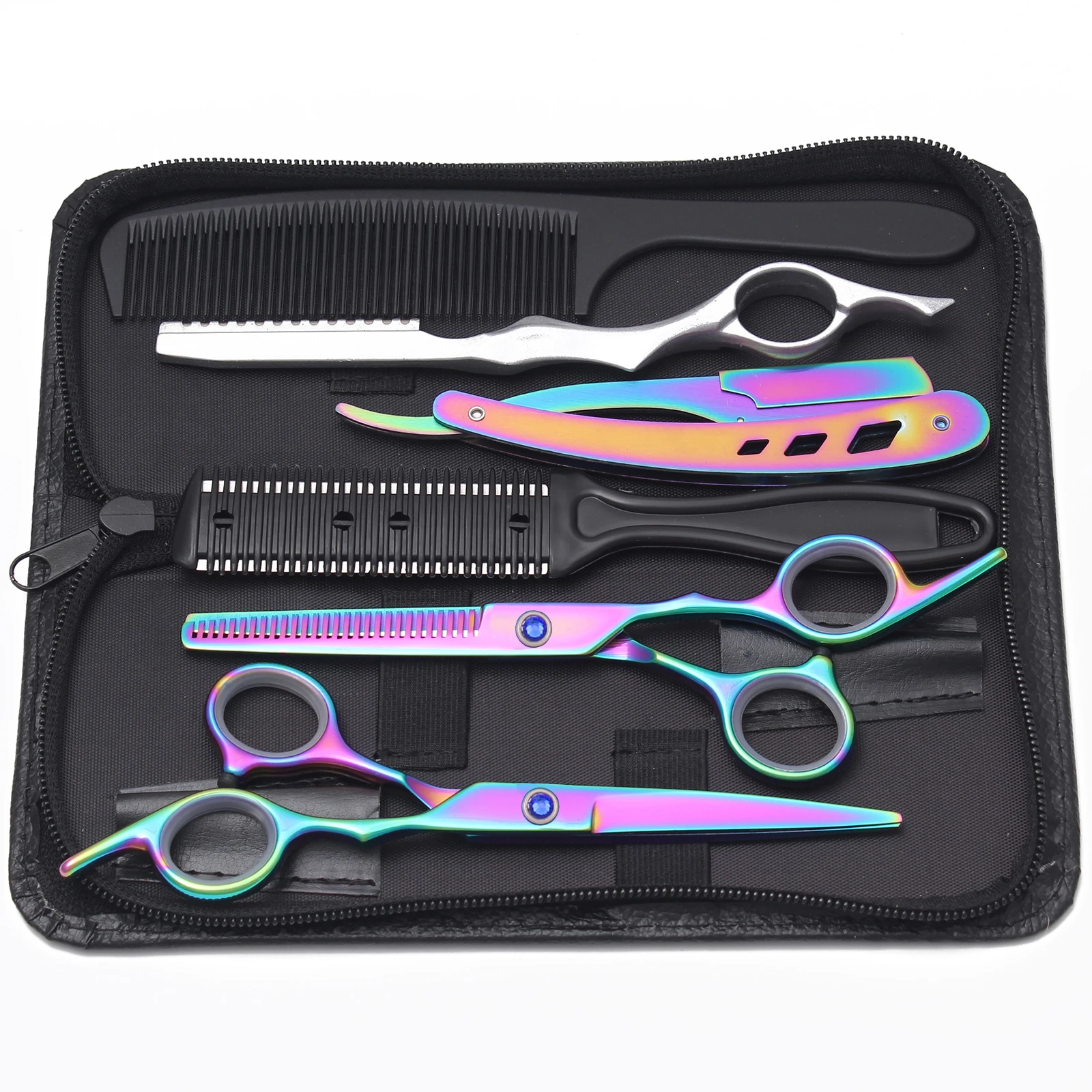 Tijeras de Peluquería Japonesas de Acero Inoxidable de 6 Pulgadas, Tijeras de Entresacar Arcoíris, Set de Corte para Barbería, Cuchillas y Peines C1001
