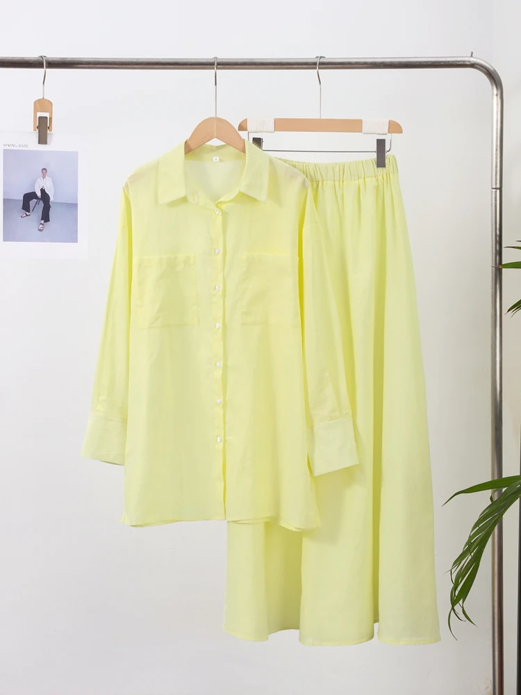 

Women 's Skirt Suit Solid Laple Single Breasted Full Sleeve Shirts High Waist Wide Leg Skirts Female 2025 Summer Lady Outwears