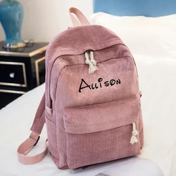 Personalised Corduroy Knapsack Custom Your Name Casual Backpack Unisex Classic Campus Portable Ultra Soft Handbag