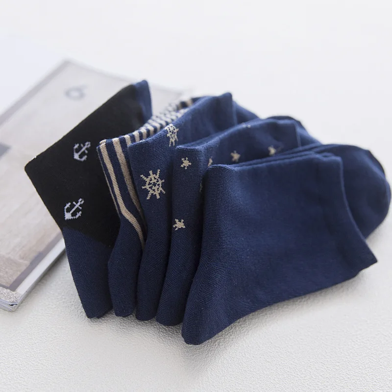 Wysokiej jakości 3 pary męskich bawełnianych skarpet w paski z motywem gwiazdy, kotwicy i steru w kolorze granatowym, biznesowe, codzienne, dropshipping Sokken