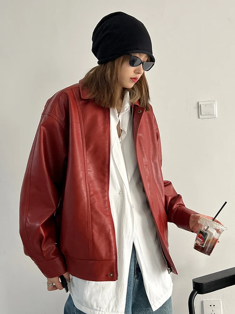 EAM Red UP Leather Big Size Casual Jacket Loose Fit New Lapel Long Sleeve Women Coat Fashion Tide Spring Autumn 2025 30A1788