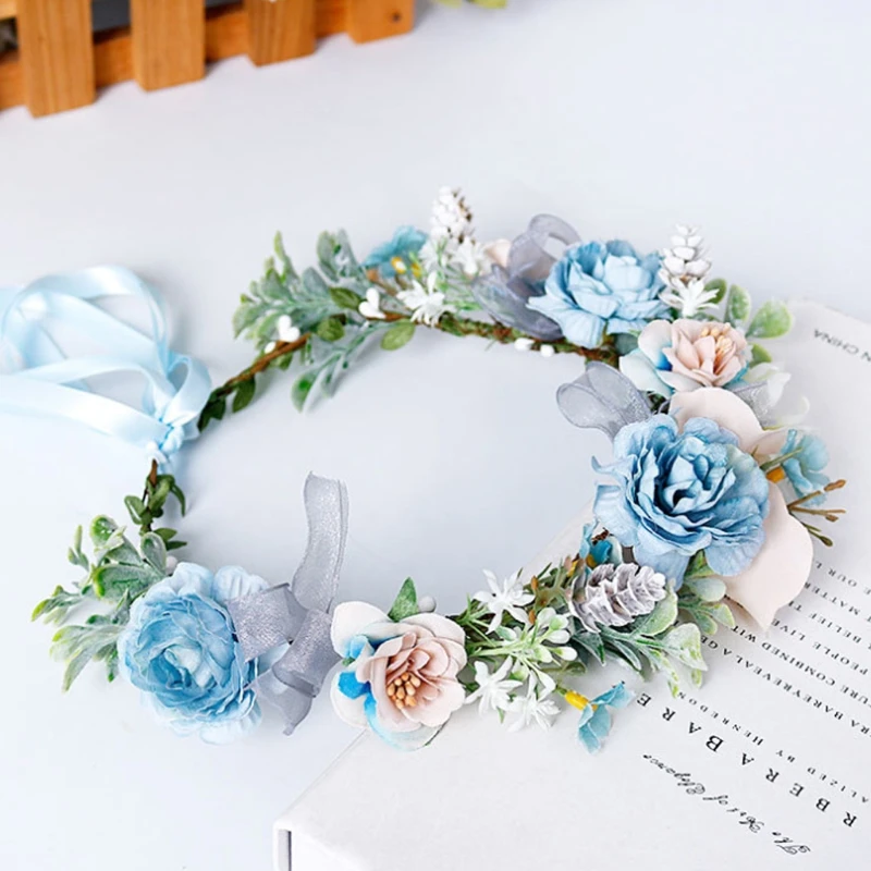 Blue Flower Hair Wreath Headband with Adjustable Ribbon Festivals Wedding Party Headpiece for Women Girl