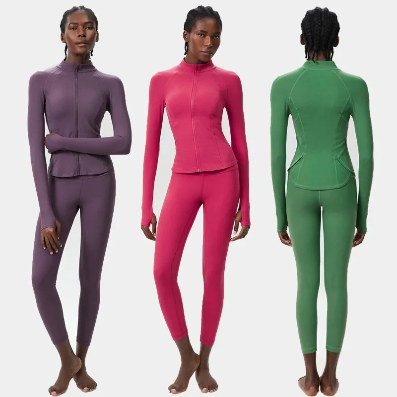 

Женский спортивный костюм, однотонный, из двух предметов, для фитнеса и йоги, дышащий, быстросохнущий, с длинными рукавами, спортивная одежда для тренировок