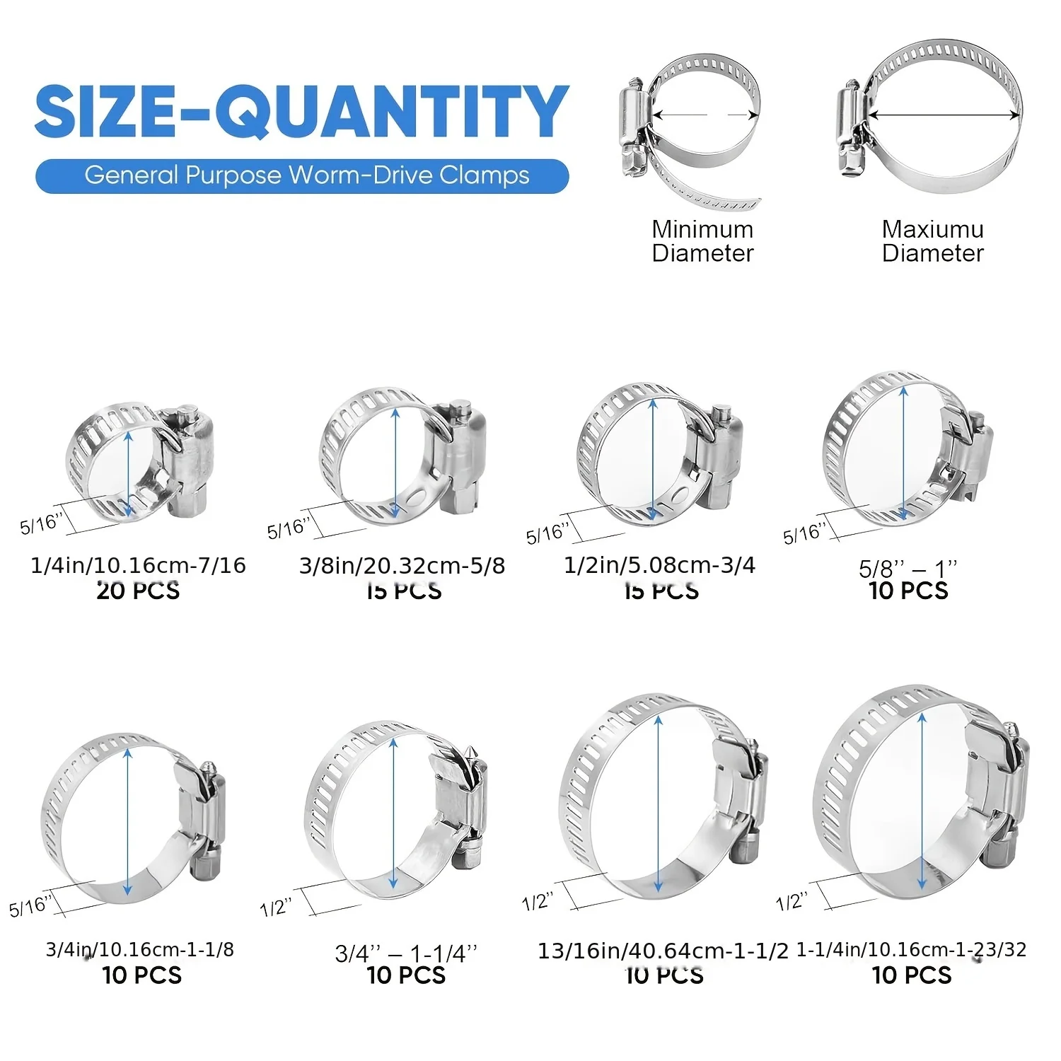 100-piece hose clamp kit-1/4 inch–1-23/ 32-inch 304 stainless steel worm gear hose clamp for pipes, intercoolers, pipes