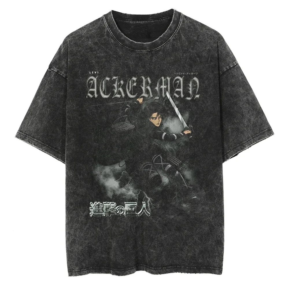 

T-Shirt Men's Summer Streetwear Vintage T-Shirt Cartoon Anime Fashion Cotton Top T-Shirt Washed Black Graphic Printing