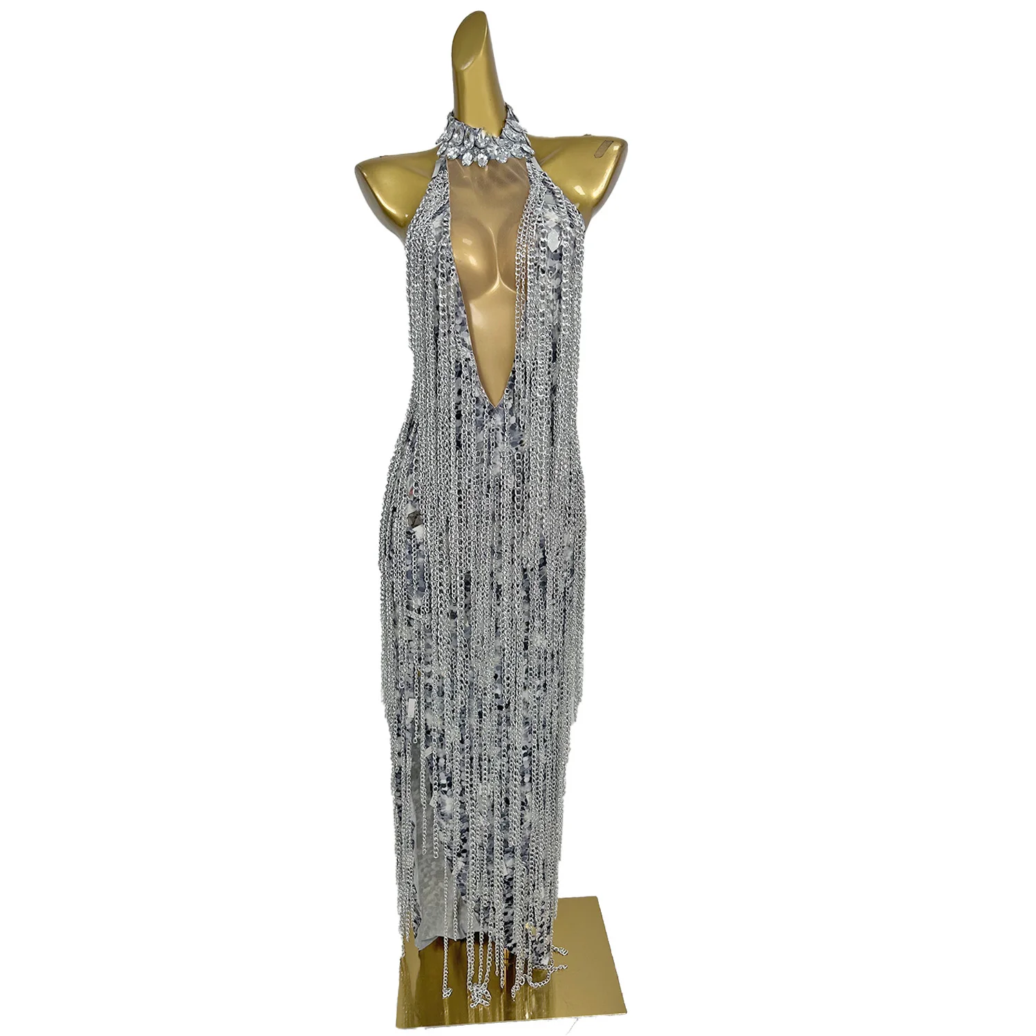 Liuxing Sexy Backless Neck Hanging Dress Silver Metal Chain Bar Celebrity Dancer Singer Performance Outfit Birthday Party Dress