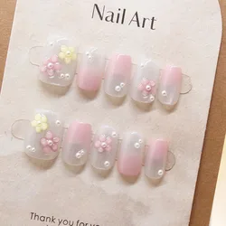 10Pcs Women Handmade Press On Nails Full Cover Flowers Design French Short Ballerina False Nails Wearable Manicure Nail Tips