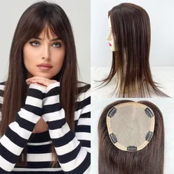 Silk Top Human Hair Topper Dark Brown with Fringe Virgin European Hair Silky Straight Soft Breathable Silk Base With Clips in