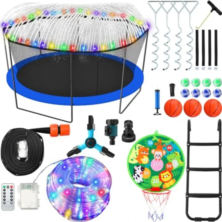 

Trampoline Accessories Kit 3 Step Trampoline Steps 72ft 200 LED Lights 4 Stakes with 4 Belt T Shaped Hooks 39.4ft Sprinkler Bas