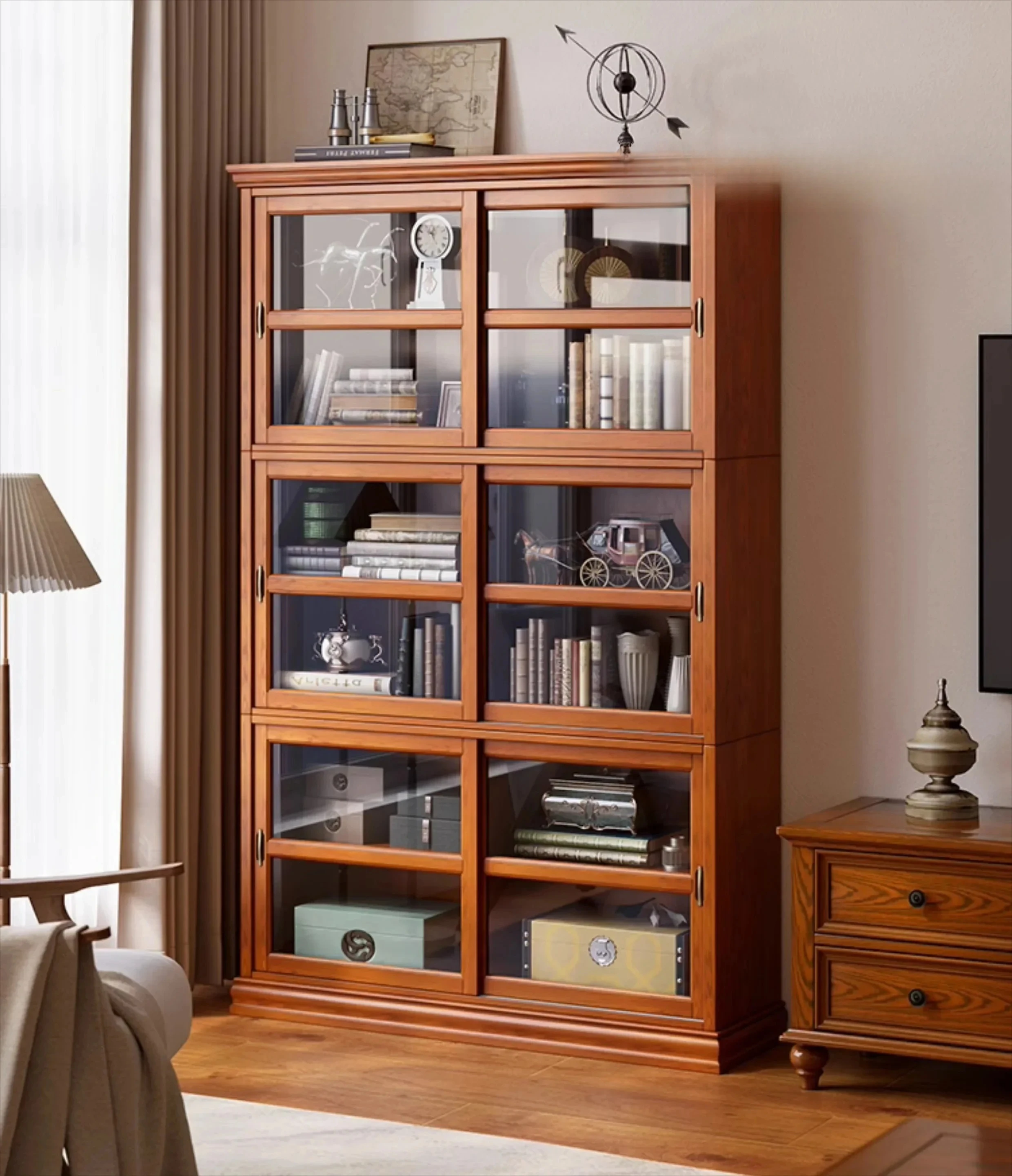 TTSolid Wood Bookcase with Glass Door Dustproof Household Vintage Display Cabinet Sliding Door Bookshelf against the Wall