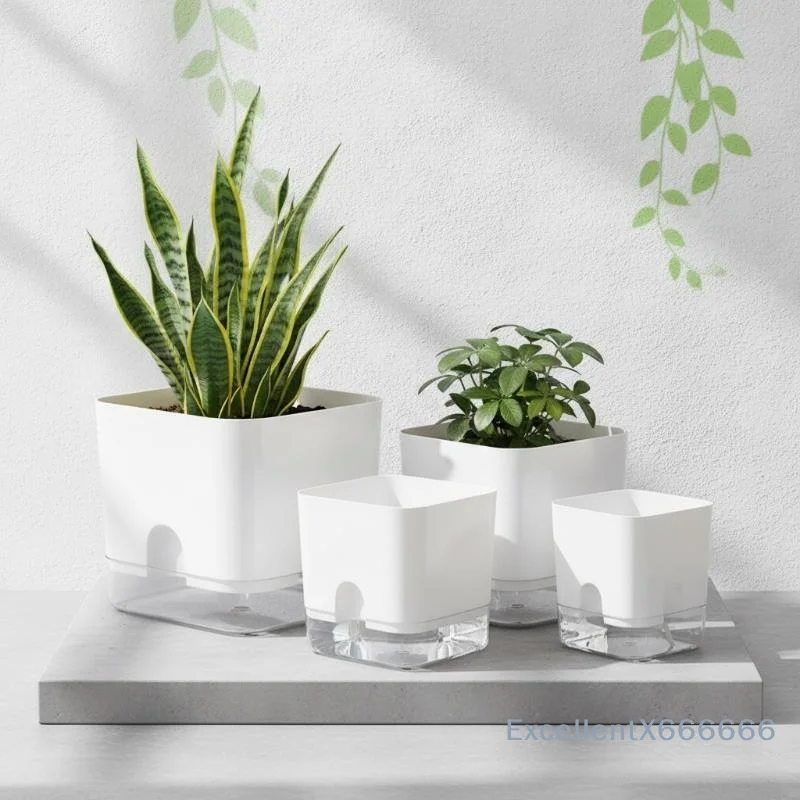 Low Maintenance Self Watering Plant Pot 1Pcs White Square Double Layer Flower Pot for Home Daily