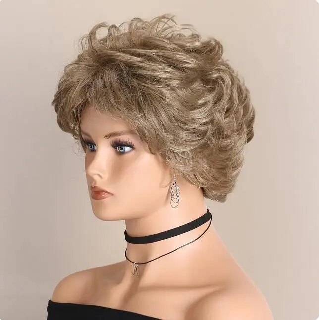 Layered Short Synthetic Wigs Wavy Curly Blonde Brown Mixed Women Nature Hair Wig for Daily Party