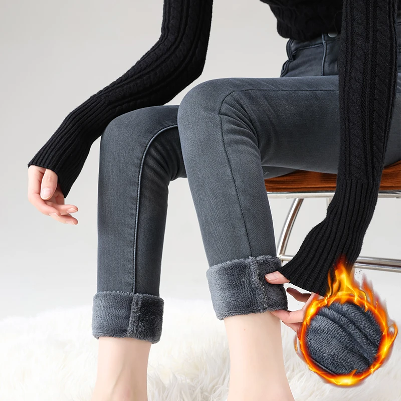 Frauen Fleece Warme Winter Jeans Verdicken Elastische Dünne Bleistift Hosen Mode Koreanische Dünne Plüsch Thermo Leggings Hosen – Detail 24