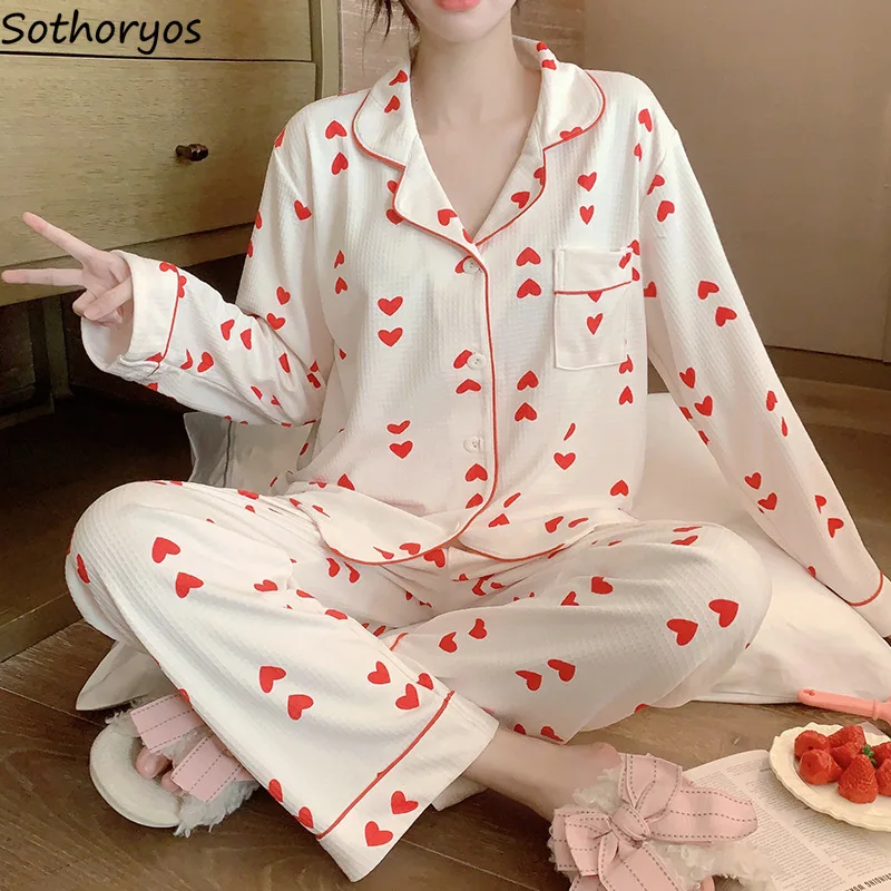 Pajama Sets Women Sweet Red Heart Print Sweet Home Casual Fashion Spring Breathable Sleepwear Aesthetic Soft Dormitory Pajamas