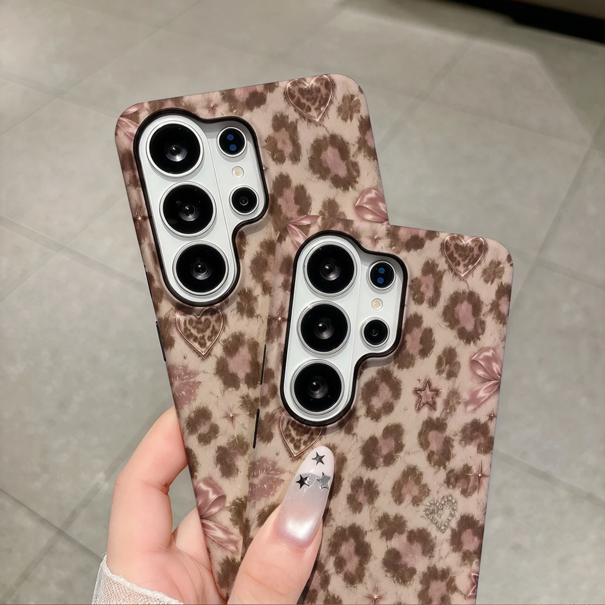 Pink Leopard Bows Hearts Phone Case For Samsung Galaxy S26 S25 Ultra S24 S23 Plus Hard Shock‑Absorption 2-in-1Protective Cover