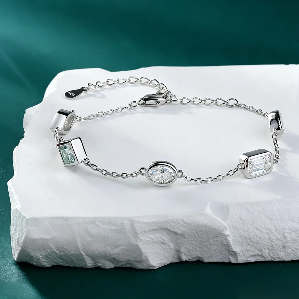 2.5cttw Mixed Cut Full Moissanite Bracelet Original 925 Silver Women's Braceletes Bezel Set Diamond Wedding Party Jewelry Gifts